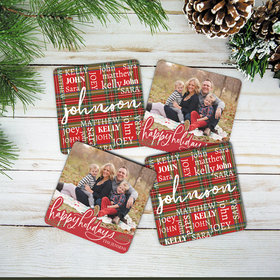 Personalized Cork Coaster - Plaid Word Cloud & Happy Holidays (Set of 4)