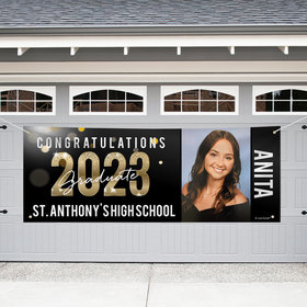 Personalized Garage Graduation Banner - Black & Gold Sparkle