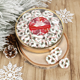Personalized Christmas Red Snowflake Large Plastic Tin Holiday Yogurt Pretzels - approx 40pcs