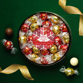 Personalized Christmas Red Snowflake Large Plastic Tin with Lindor Truffles by Lindt - 24pcs
