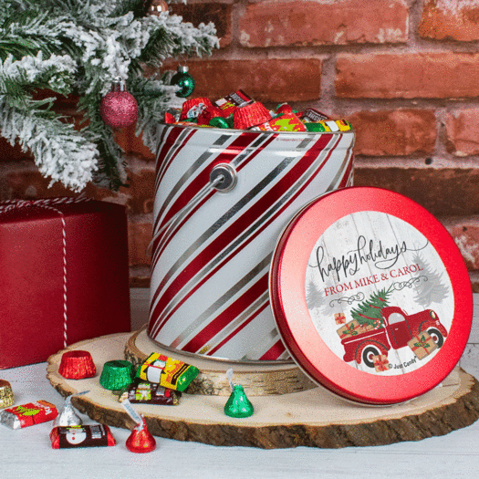 Personalized Personalized Rustic Red Truck Happy Holidays Hershey's Mix Tin - 5 lb