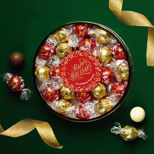 Personalized Christmas Gold Leaves Large Plastic Tin with Lindor Truffles by Lindt - 24pcs