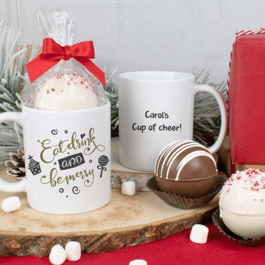 Personalized Eat Drink and be Merry 11oz Mug with Hot Chocolate Bomb