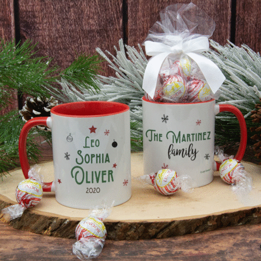 Personalized Christmas Tree Family of 3 11oz Mug with Lindt Truffles