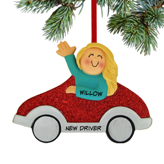 Personalized New Driver Girl (Red Car) Christmas Ornament