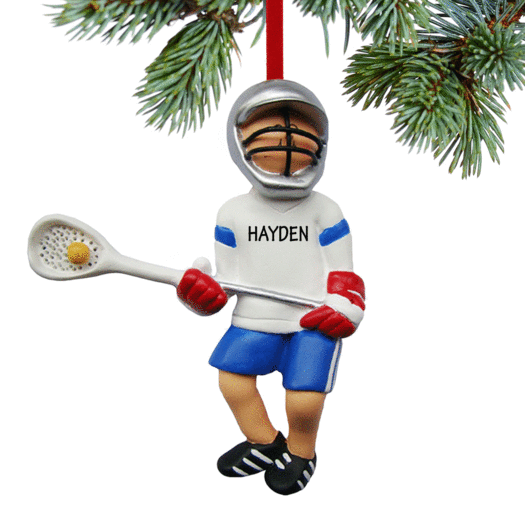 Personalized Lacrosse Boy with Ball in Net Christmas Ornament