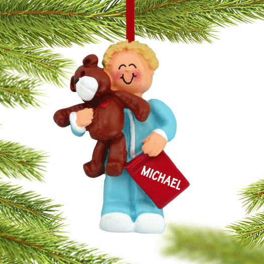 Personalized Toddler Boy with Teddy Bear and Book Christmas Ornament