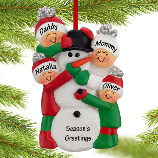 Personalized Building a Snowman Family of 4 Christmas Ornament