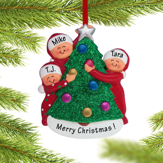 Personalized Family Decorating the Tree 3 Christmas Ornament