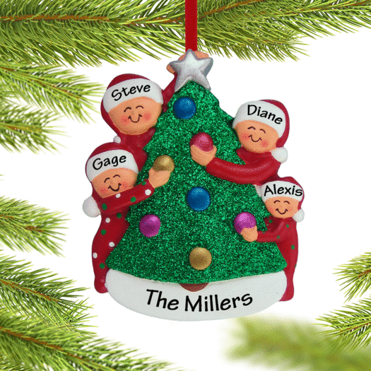 Personalized Family Decorating the Tree 4 Christmas Ornament
