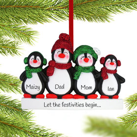 Personalized Glitter Penguin Family of 4 Christmas Ornament