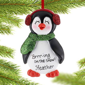 Personalized Penguin in Earmuffs Girl Christmas Ornament