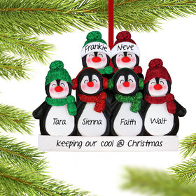 Personalized Glitter Penguin Family of 6 Christmas Ornament