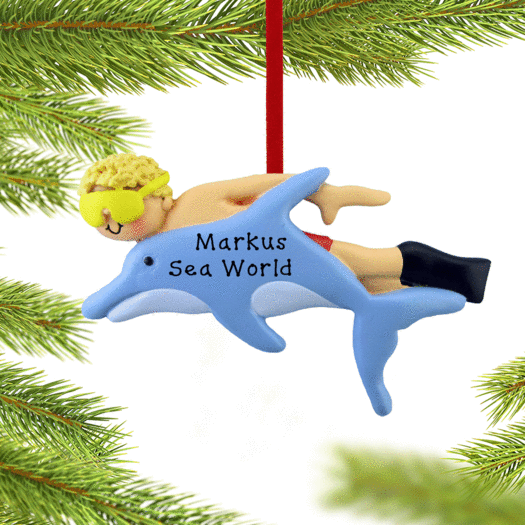 Personalized Swimming with the Dolphins Male Christmas Ornament