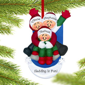 Personalized Family Of 3 Sledding Christmas Ornament
