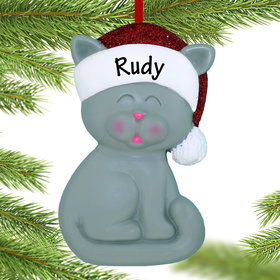 Personalized Grey Cat With Santa Hat Christmas Ornament