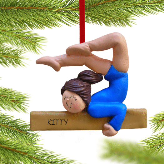 Personalized Gymnastics Girl on a Balance Beam in Blue Leotard Christmas Ornament