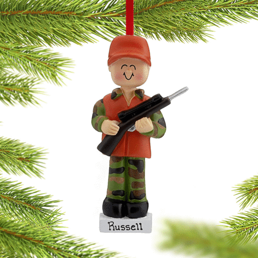 Personalized Hunter in Orange Hat and Vest with Rifle Christmas Ornament