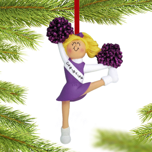 Personalized Cheerleader with Purple Glitter Pom Poms Christmas Ornament