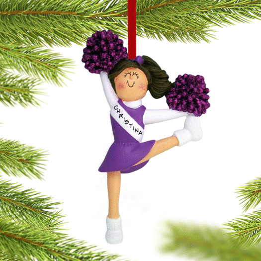 Personalized Cheerleader with Purple Glitter Pom Poms Christmas Ornament