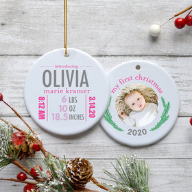 Personalized Birth Stats Girl Photo Christmas Ornament