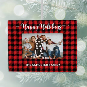 Personalized Plaid Happy Holidays Family Picture Frame Photo Ornament