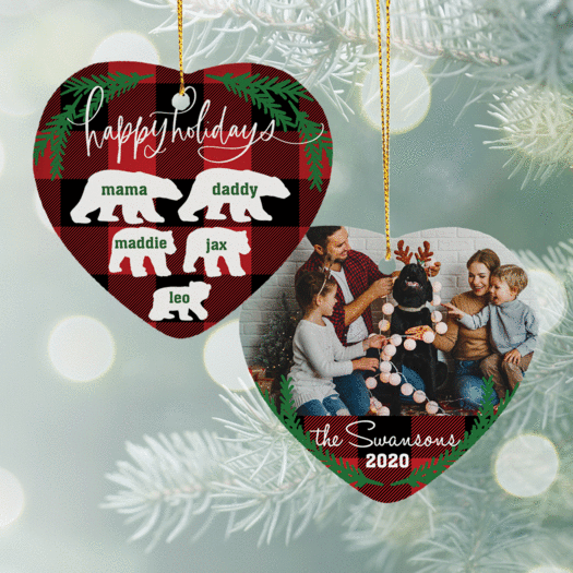 Personalized Plaid Bear Family of 5 Christmas Ornament