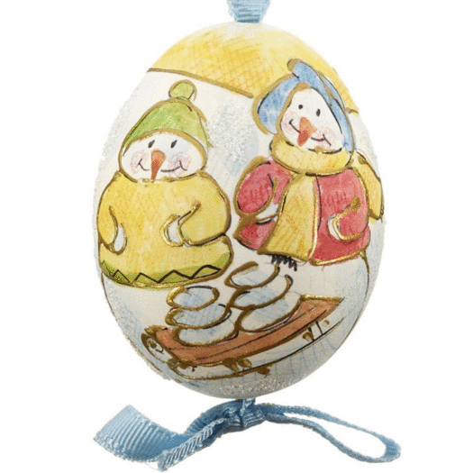 Snowman Couple with Snowballs on a Sled Austrian Egg Christmas Ornament