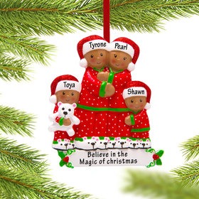 Personalized African American Pajama Family of 4 Christmas Ornament
