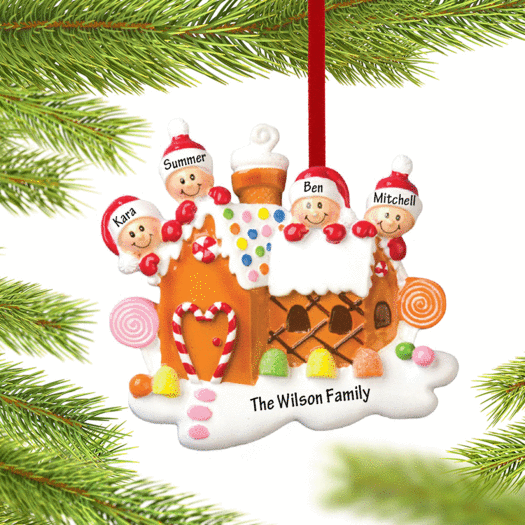 Personalized Gingerbread House Family of 4 Christmas Ornament