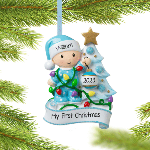 Personalized Baby Boy Decorating Tree Christmas Ornament