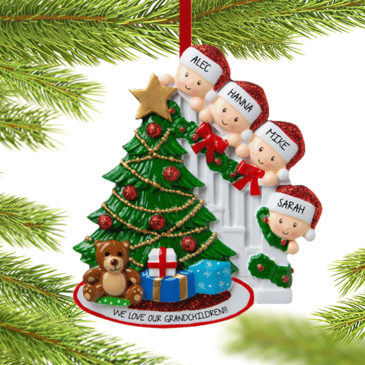 Present Peeking Family of 4 Grandparents Christmas Ornament