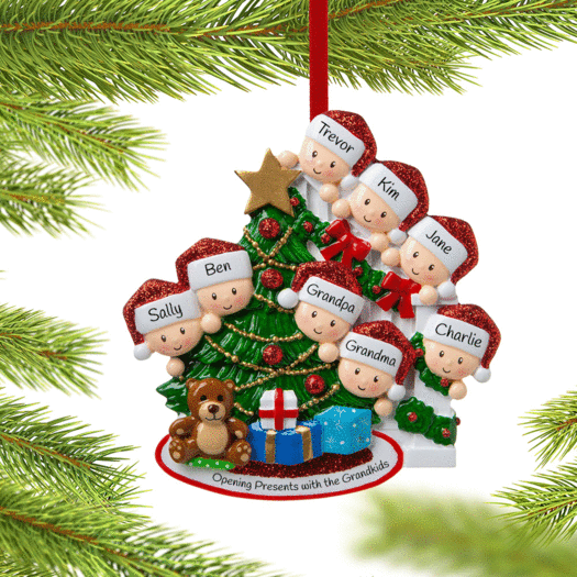 Present Peeking Family of 8 Grandparents Christmas Ornament