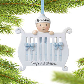 Personalized Baby Boy in Crib First Christmas Ornament