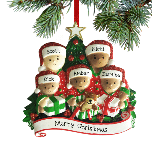 Personalized Opening Presents Biracial Family of 5 Christmas Ornament