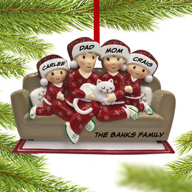 Personalized Couch Family of 4 with Cat Christmas Ornament