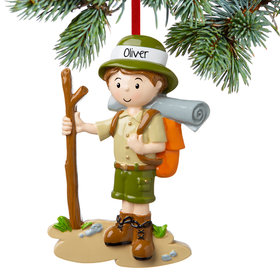 Personalized Boy Hiking with Walking Stick Christmas Ornament