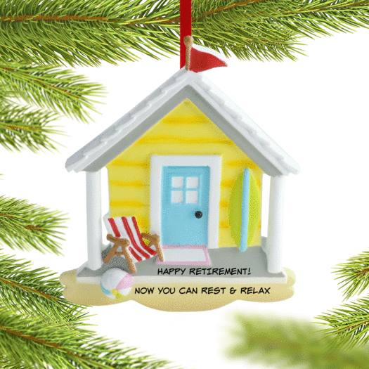 Personalized Yellow Beach House Retirement Christmas Ornament