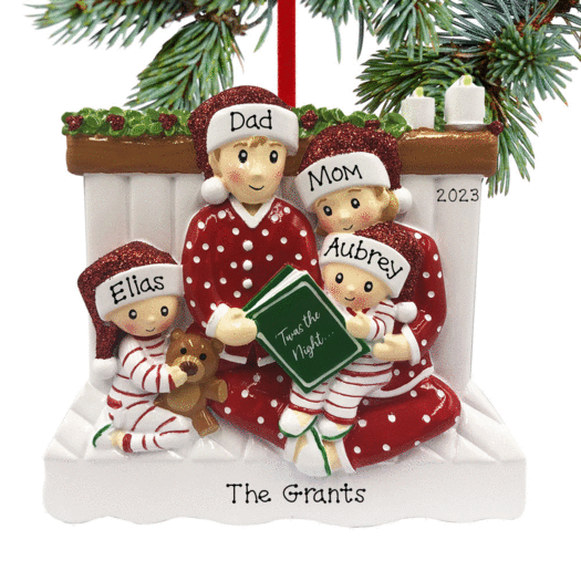 Personalized Reading in Bed Family of 4 Christmas Ornament