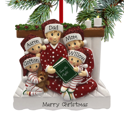 Personalized Reading in Bed Family of 5 Christmas Ornament