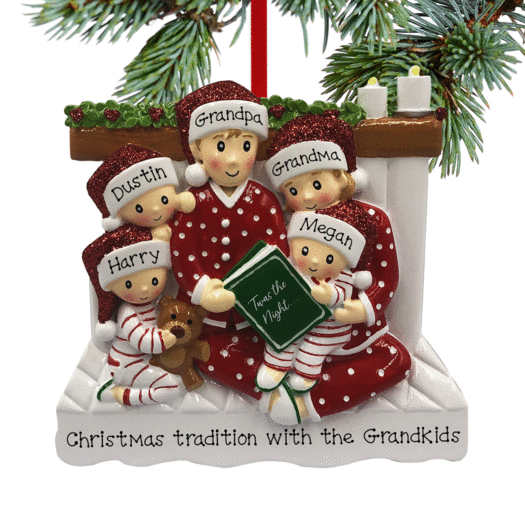 Reading in Bed Family of 5 Grandparents Christmas Ornament