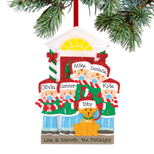 Personalized Social Distance Family of 5 with Dog Christmas Ornament