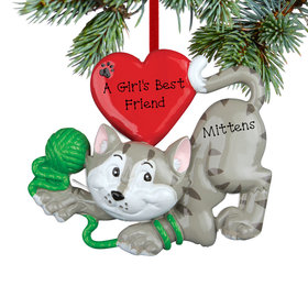 Personalized Grey Cat with Yarn Christmas Ornament