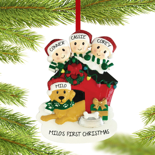 Personalized Family Of 3 With Dog In Doghouse Christmas Ornament