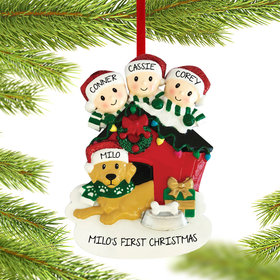 Personalized Family Of 3 With Dog In Doghouse Christmas Ornament