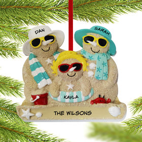 Personalized Sand Snowman Family Of 3 Christmas Ornament