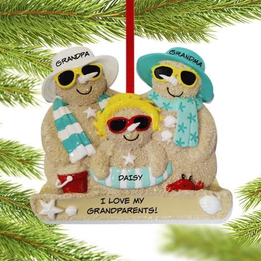 Personalized Sand Snowman Family Of 3 Grandparents Christmas Ornament