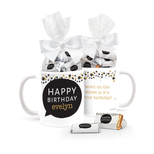 Birthday Gifts Personalized 11oz Coffee Mug with approx. 24 Wrapped Hershey's Miniatures