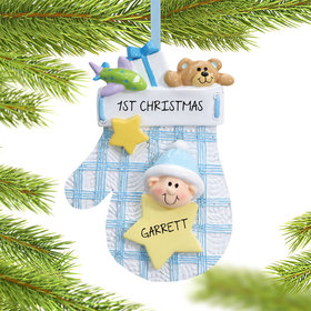 Personalized Baby Mitten Blue Christmas Ornament