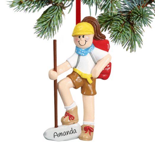 Personalized Female Hiker with Walking Stick Christmas Ornament